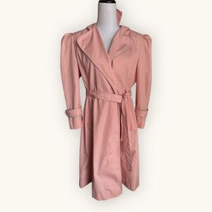 VINTAGE 80s Rose Pink Trench Coat Belted Shoulder Pads Womens 15 16